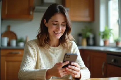 Femme hésitante regardant un numéro inconnu sur son smartphone dans une cuisine