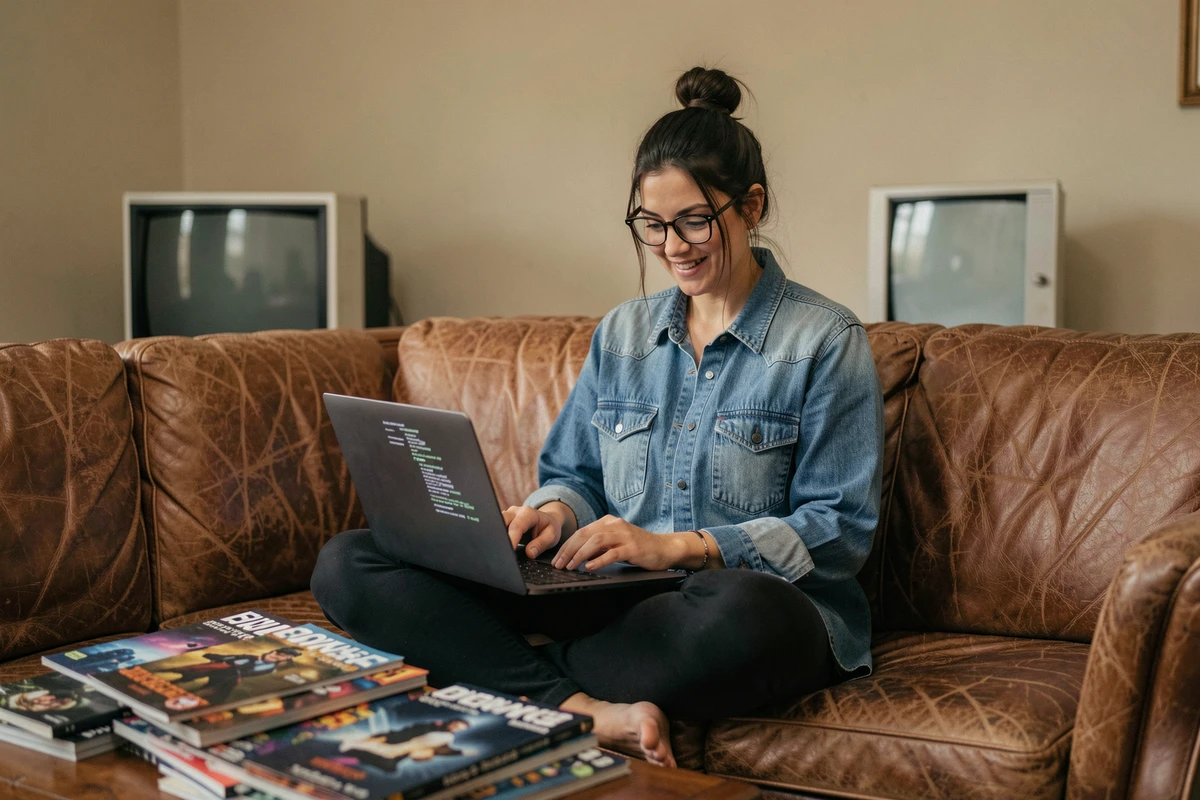 Femme avec lunettes naviguant sur les archives JVC depuis son canapé avec un ordinateur portable