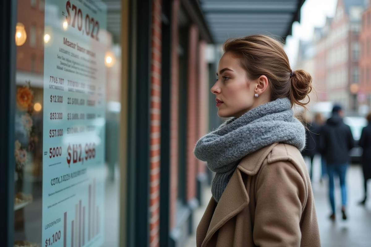 Jeune femme regarde taux hypothécaire devant une agence