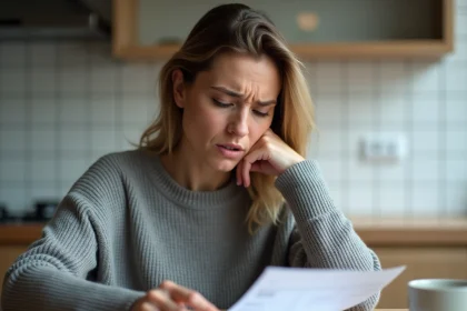 Femme examinant un relevé bancaire avec une expression perplexe, pointant un abonnement inconnu sur le document