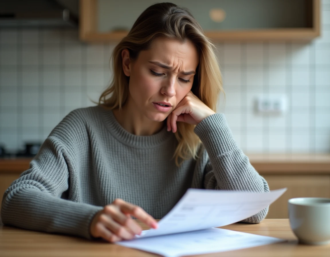 Femme examinant un relevé bancaire avec une expression perplexe, pointant un abonnement inconnu sur le document