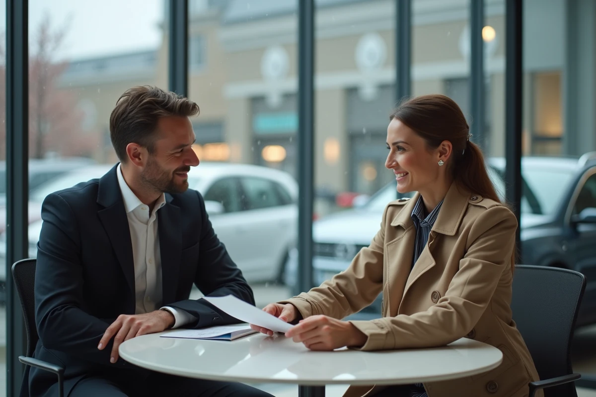Femme dans showroom avec brochure et vendeur