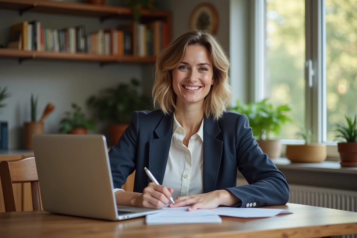 Femme souriante signant un contrat de location à la maison