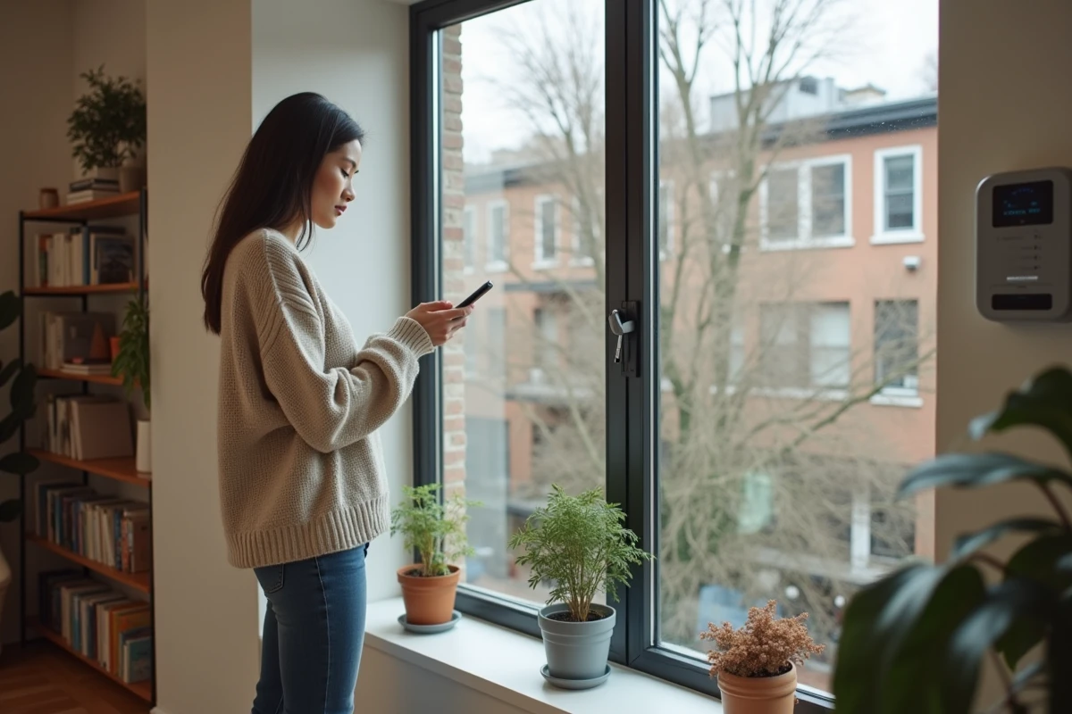 Jeune femme vérifiant son compteur intelligent avec son smartphone