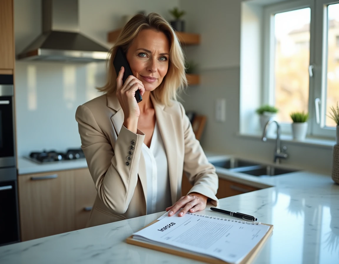 Femme au téléphone avec un service client tenant une facture d'abonnement Mon Service mag pour contester un prélèvement
