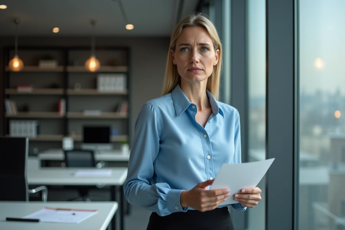 Femme d adulte au bureau avec documents et vue urbaine