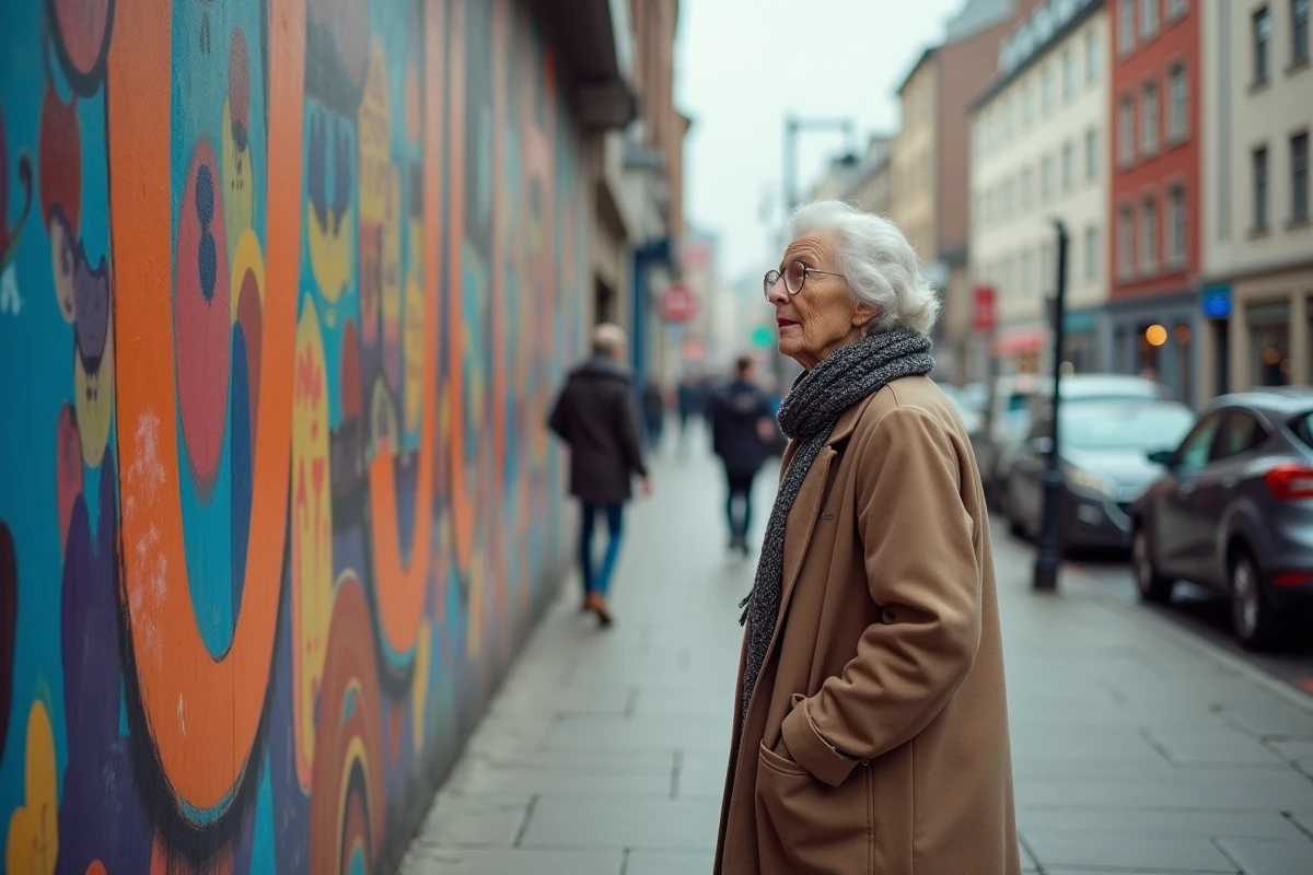 Femme âgée contemplant une œuvre d