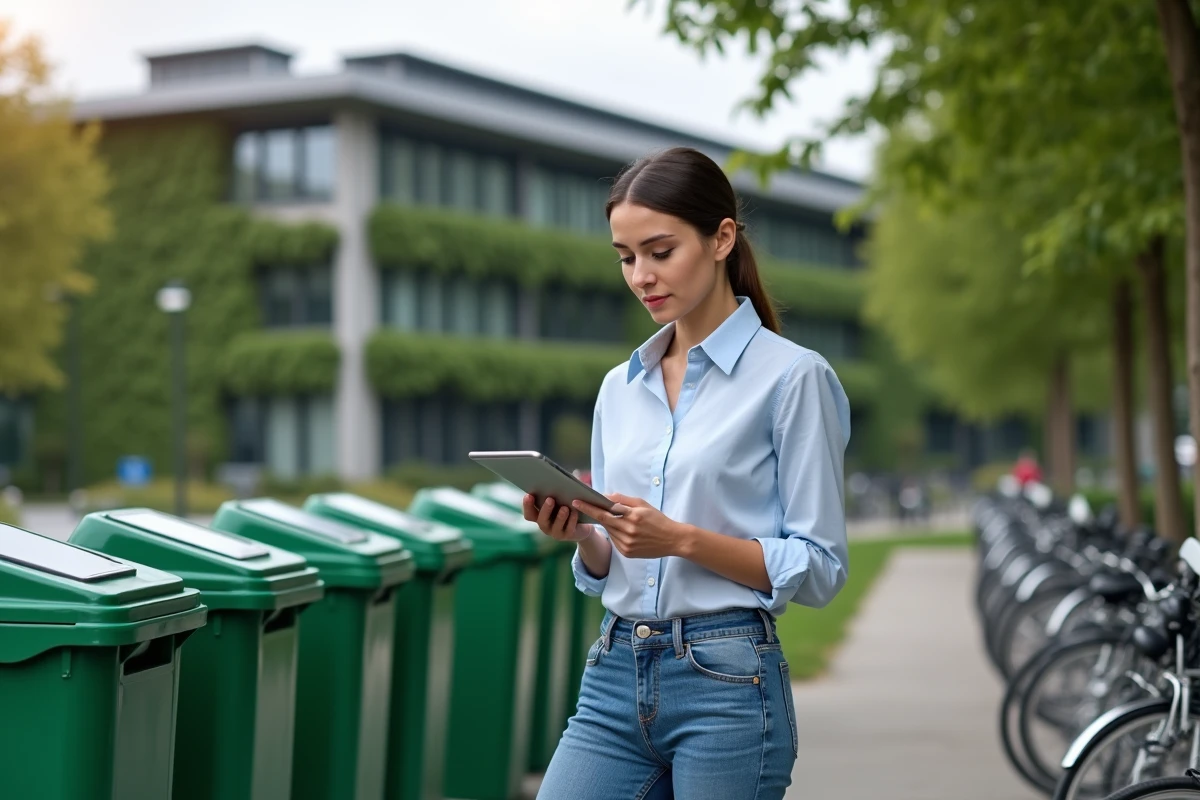 Jeune femme vérifiant un tableau de bord écologique à l