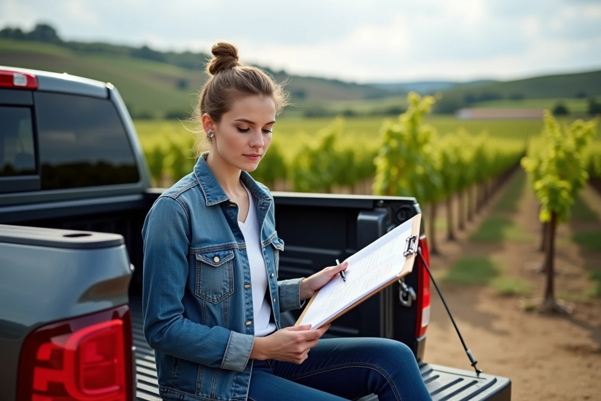 Femme dans un vignoble examinant des plans sur une camionnette
