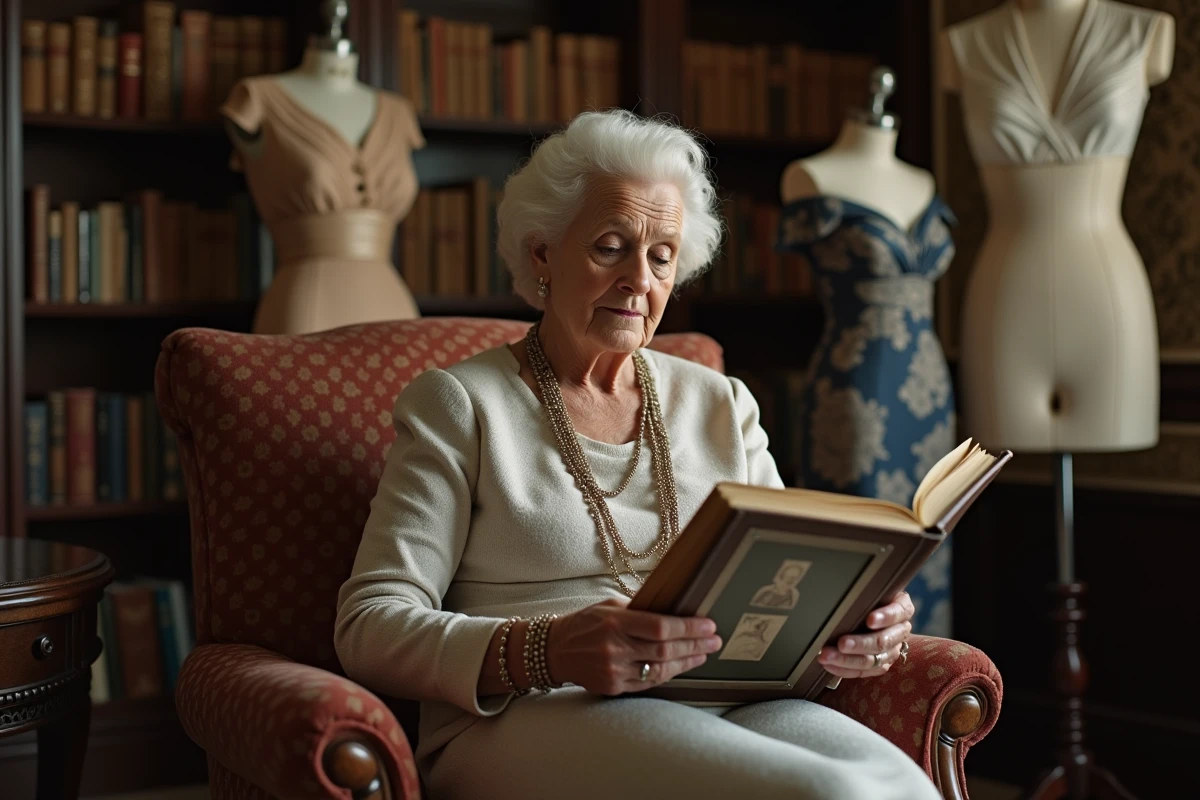 Femme âgée regardant un album photo de mode ancienne