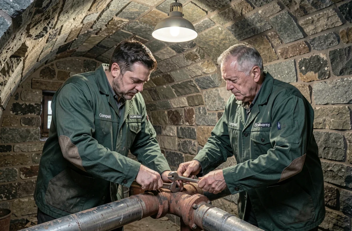 Les frères artisans de Filippi Frères Sarl remplaçant une canalisation en fonte dans une cave jurassienne