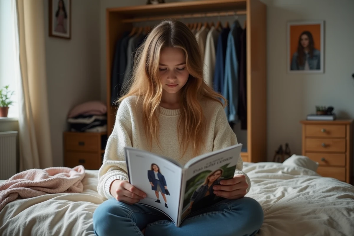 Jeune fille en intérieur regardant magazine mode