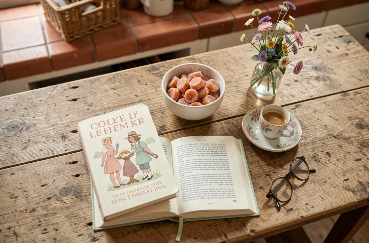 Mise en scène flat lay d'un roman policier cozy ouvert avec un café espresso et des caramels sur une table en bois de cuisine française