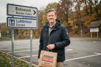 Fumeur frontalier tenant un sac d'achat de tabac près d'un panneau de frontière luxembourgeois en automne