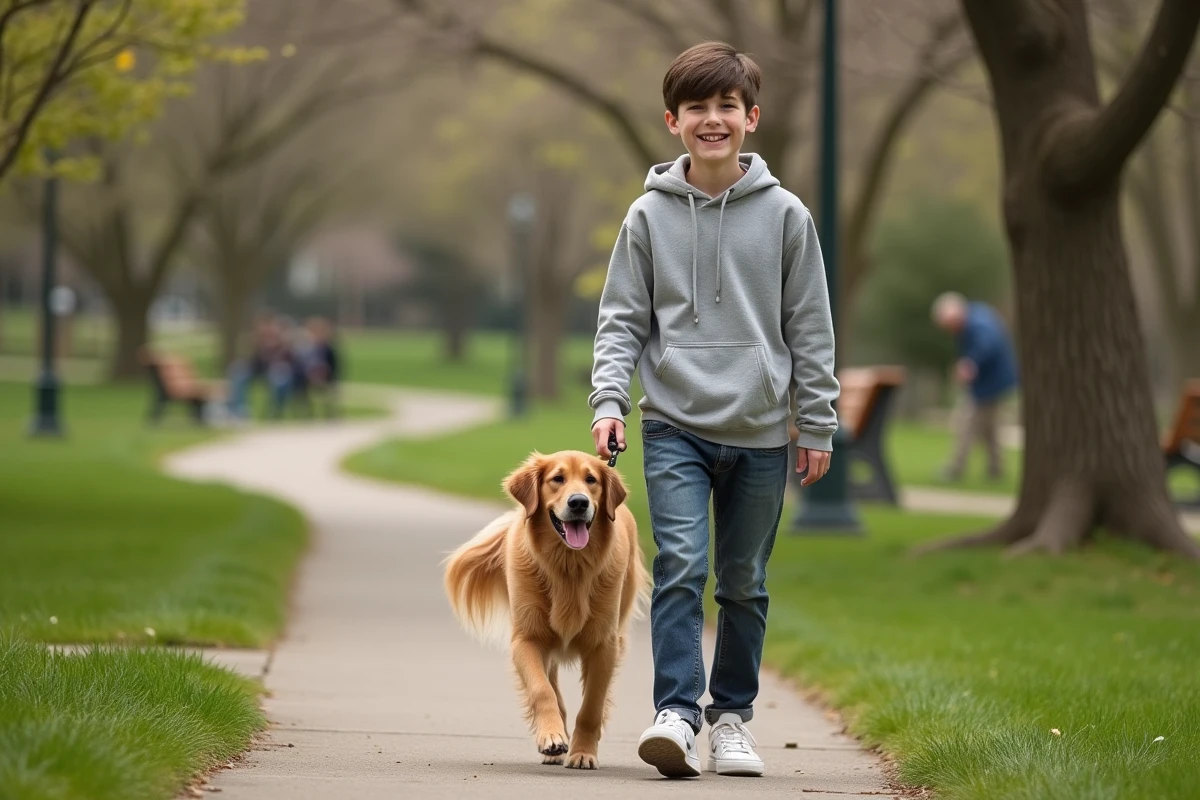 Garçon promène un golden retriever dans un parc en ville