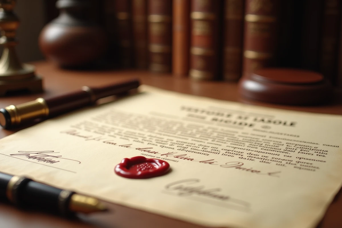 Gros plan d'un acte notarié avec sceau en cire rouge, tampon officiel et signature manuscrite