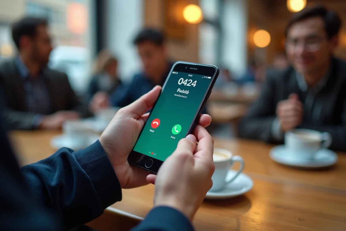 Gros plan sur un smartphone affichant un appel entrant d'un numéro 0424 suspect dans un café