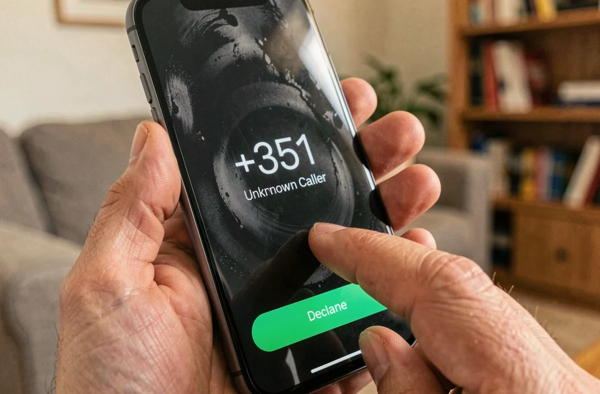 Gros plan d'un écran de smartphone affichant un appel entrant avec un indicatif téléphonique international suspect commençant par +35
