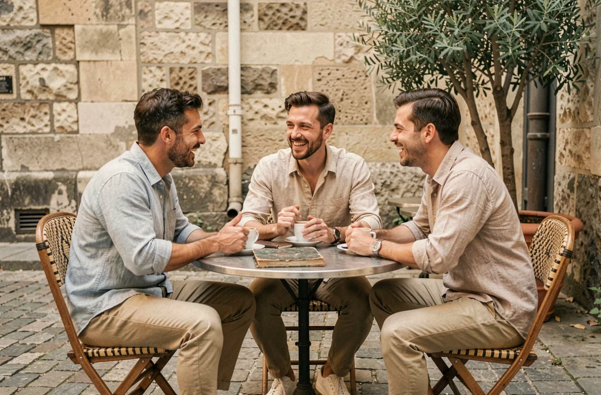 Groupe d'amis discutant autour d'un café en terrasse, ambiance conviviale illustrant les citations sur l'amitié vraie