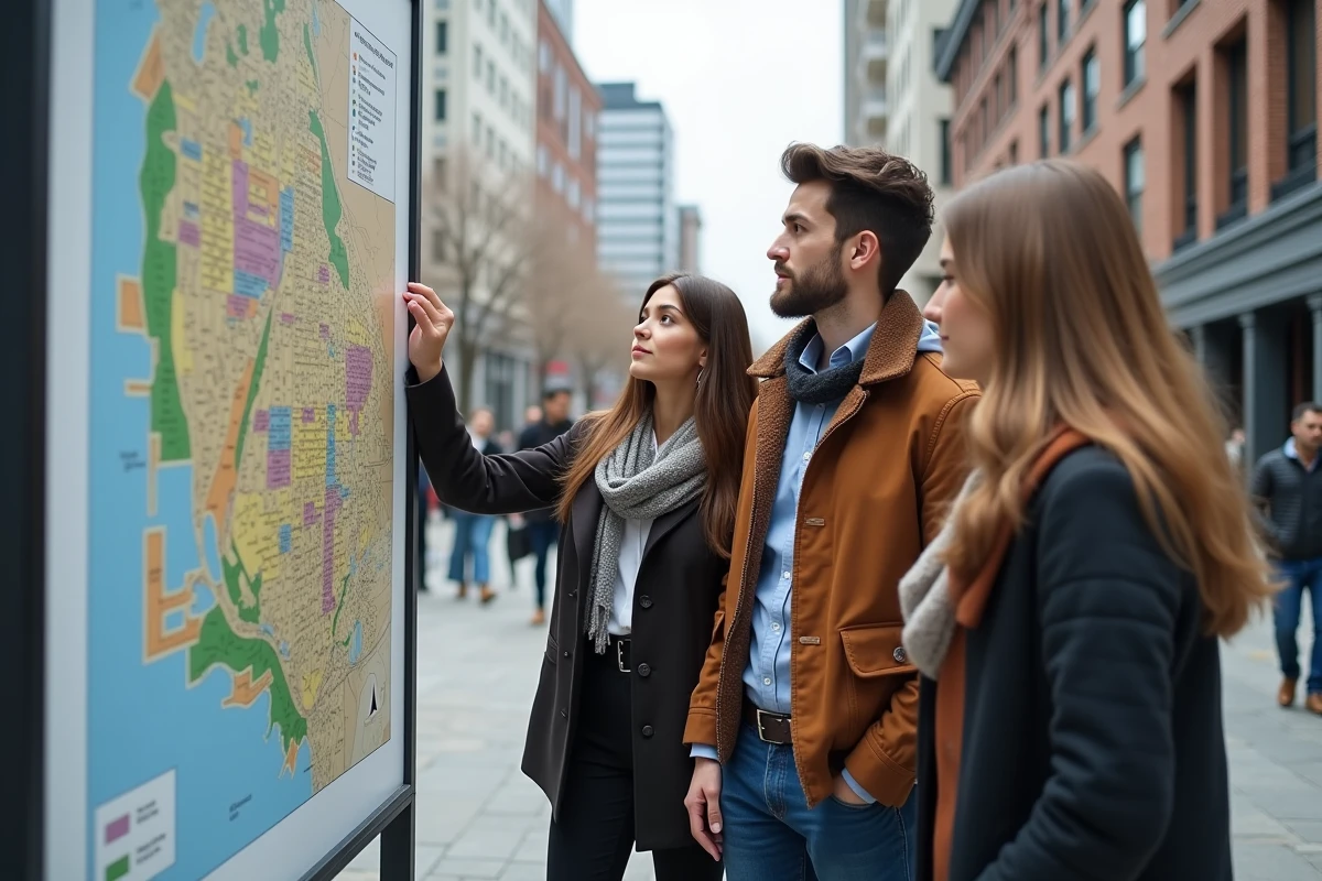 Groupe de jeunes professionnels discutant autour d une carte urbaine