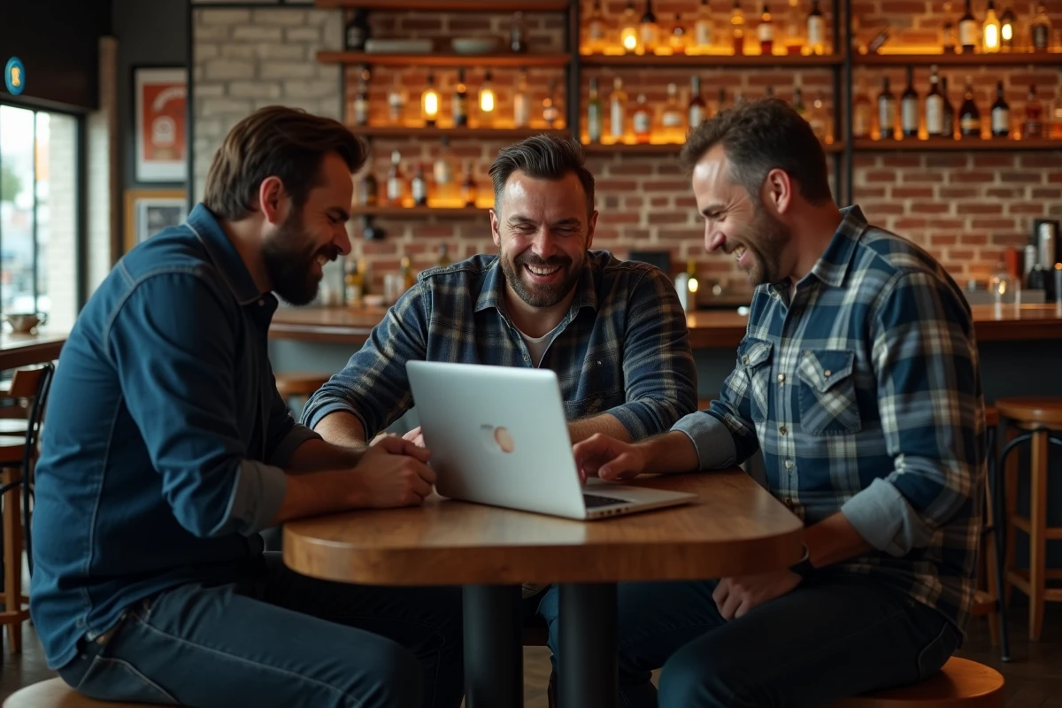 Groupe d'hommes adultes riant ensemble devant un gif animé d'anniversaire sur un ordinateur portable dans un bar