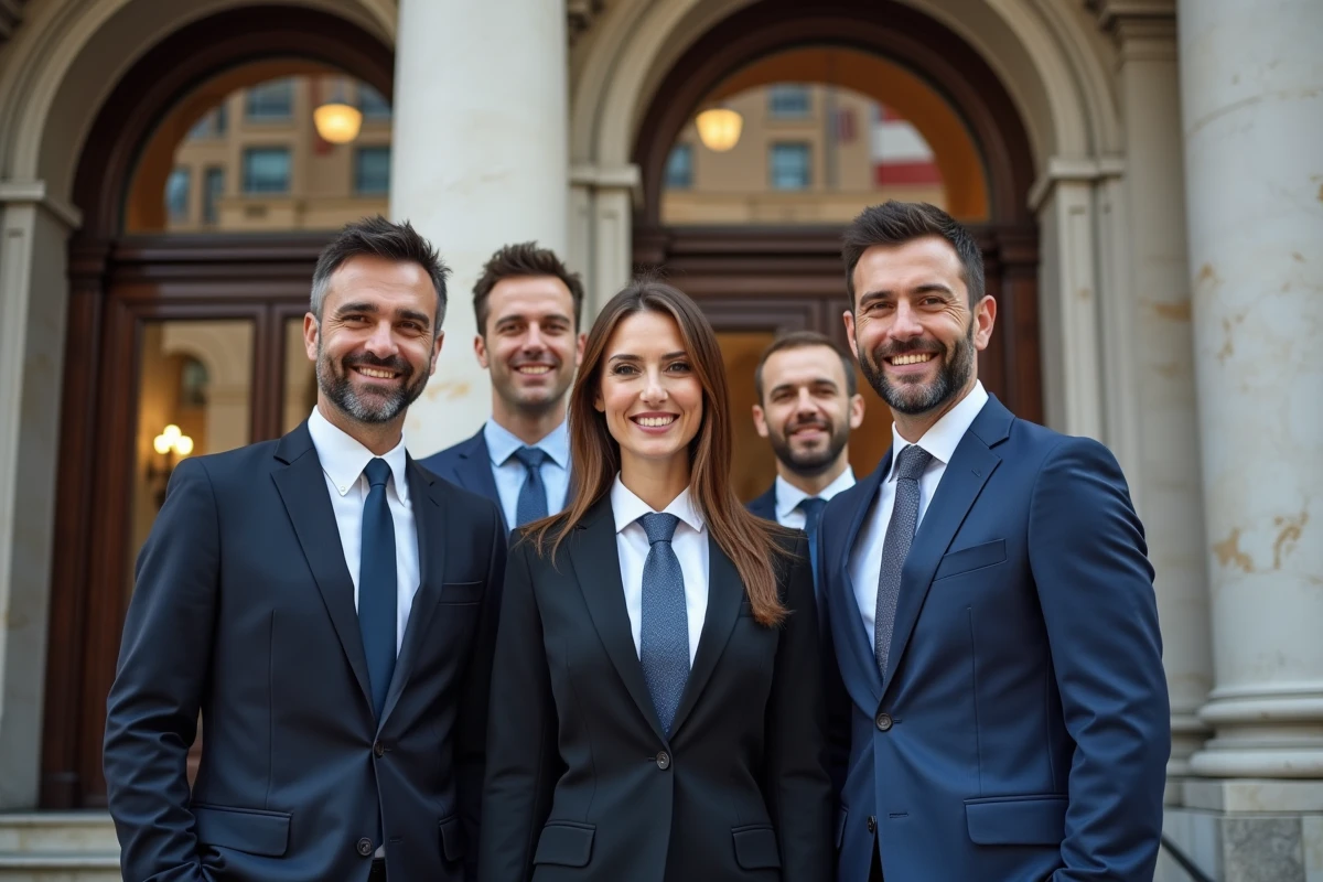 Groupe de professionnels devant une banque internationale