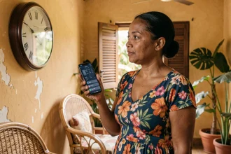 Femme réunionnaise vérifiant l'heure locale sur une horloge murale et son smartphone dans une maison tropicale