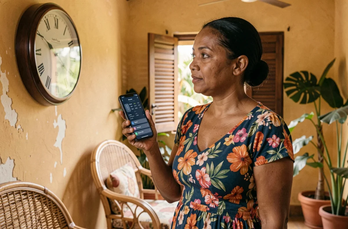 Femme réunionnaise vérifiant l'heure locale sur une horloge murale et son smartphone dans une maison tropicale