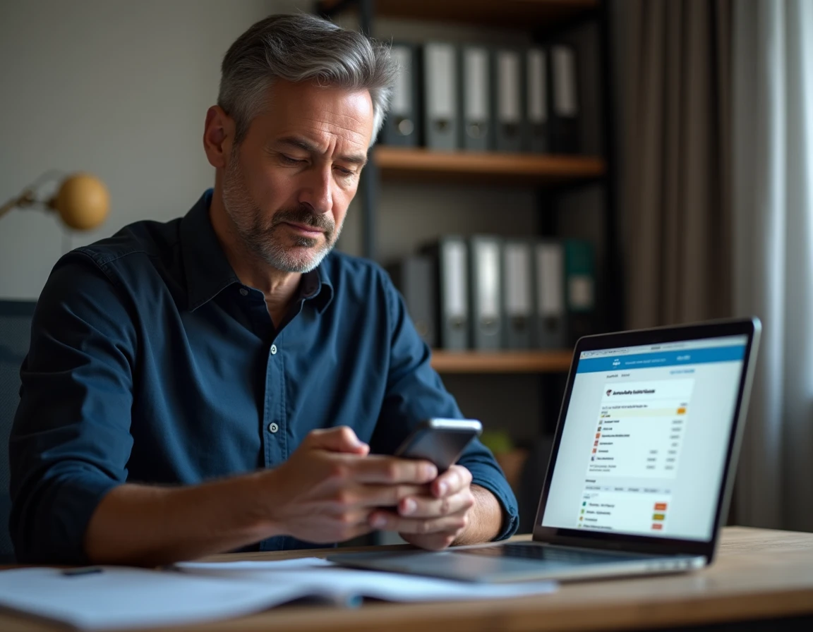 Homme consultant une application bancaire sur smartphone pour identifier un abonnement non reconnu sur son compte