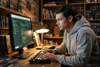 Jeune homme consultant une archive de forum JVC sur son ordinateur dans un bureau vintage aux allures nostalgiques