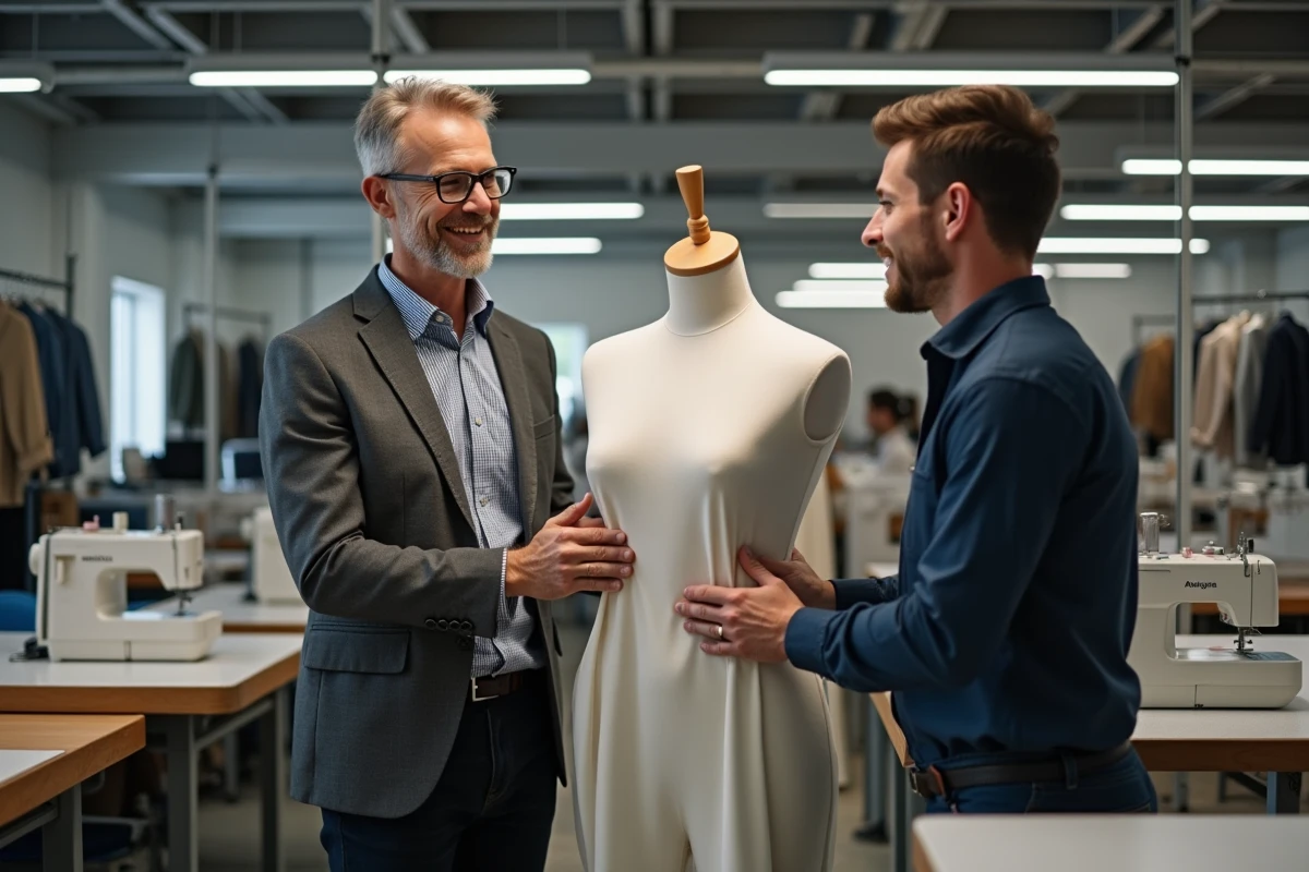 Homme ajustant un drapé de tissu dans un atelier de couture