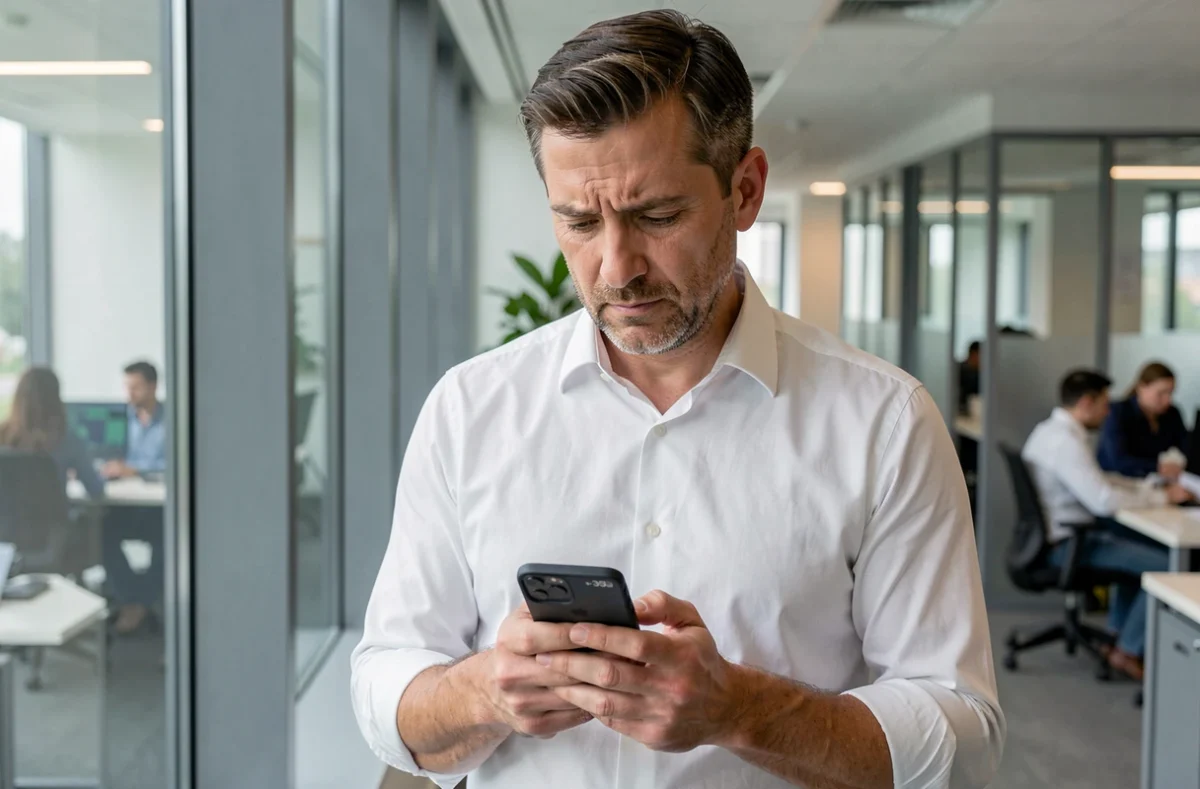 Homme d'affaires hésitant à décrocher un appel téléphonique avec un indicatif international suspect au bureau