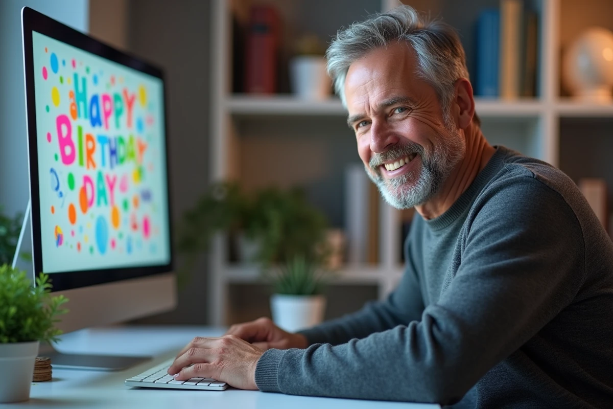 Homme d'une cinquantaine d'années souriant face à un gif animé d'anniversaire sur son écran d'ordinateur au bureau