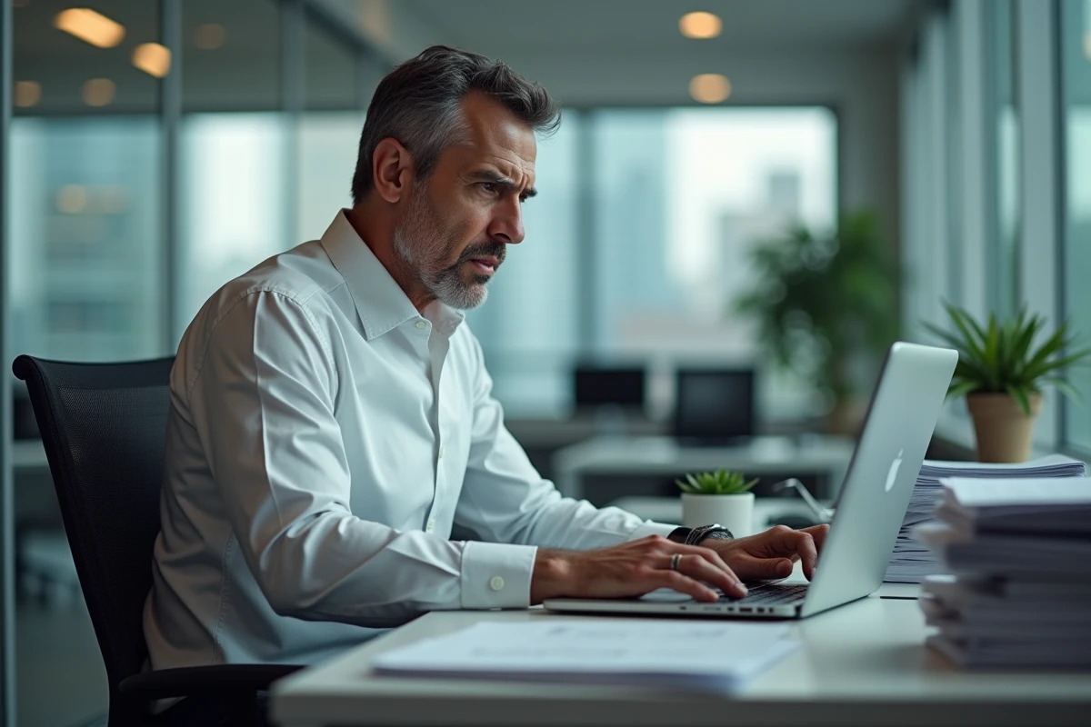Homme concentré travaillant rapidement sur son ordinateur au bureau