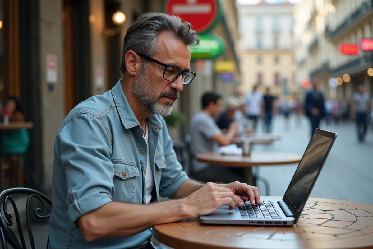 Homme lisant des bulles de chat multilingues au café en ville