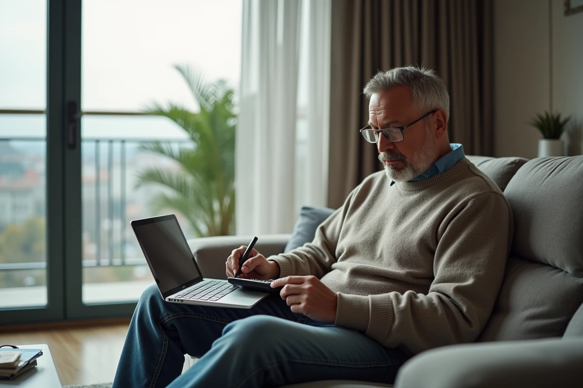 Homme concentré gérant ses dépenses locatives à la maison
