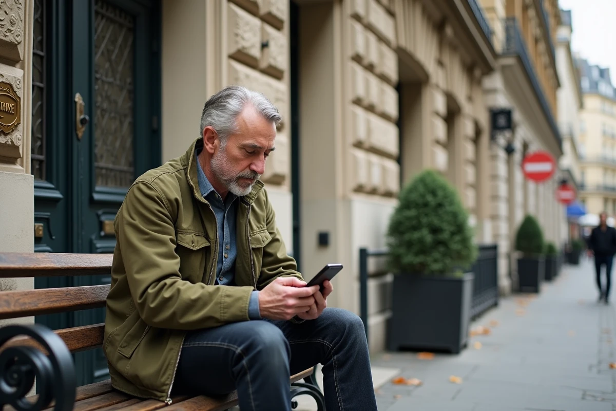 Un homme consultant son téléphone devant un immeuble parisien avec une plaque de notaire pour se renseigner sur une consultation gratuite