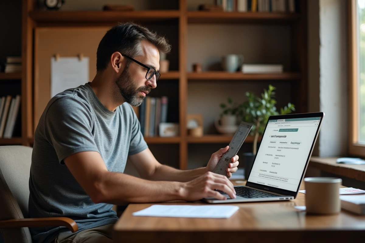 Homme utilisant un convertisseur de mesure en ligne sur ordinateur portable avec une règle métallique