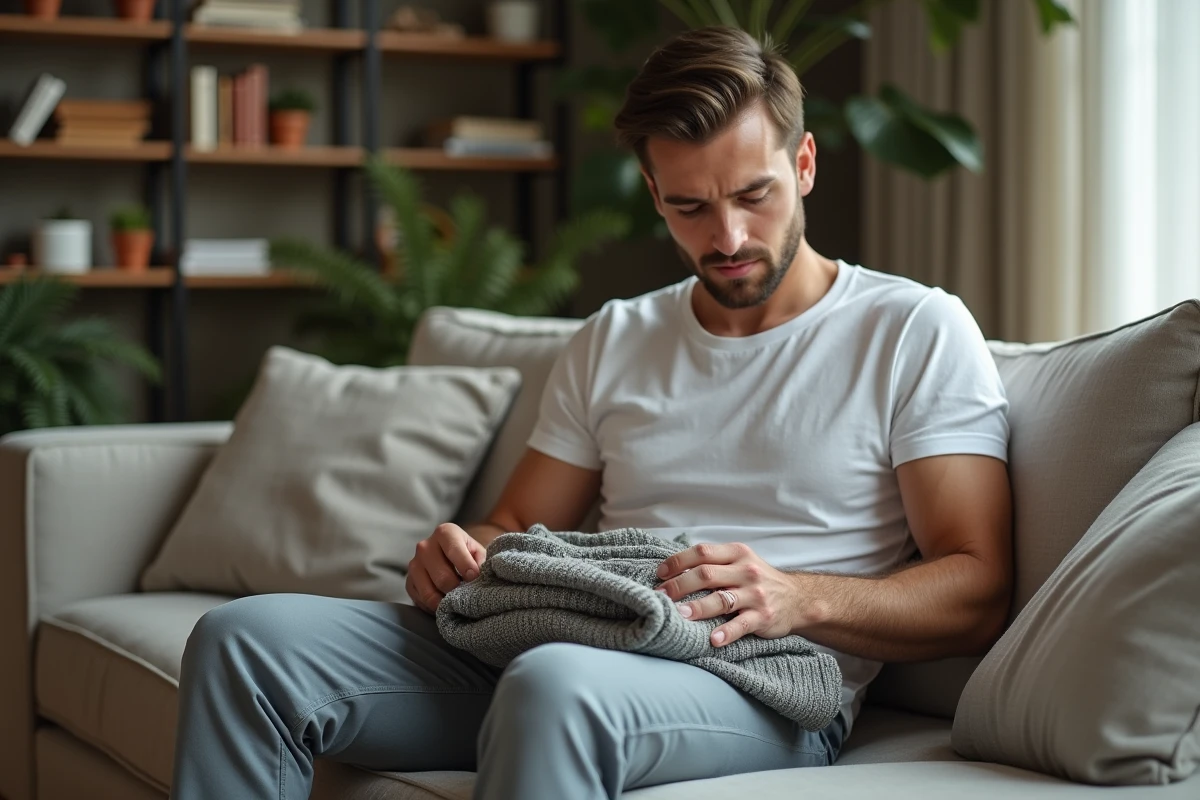 Homme déballant des vêtements d