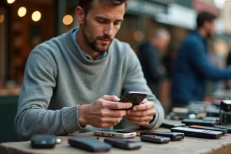 Homme examinant un ancien Sony Ericsson sur un marché aux puces, guide d'achat téléphone vintage