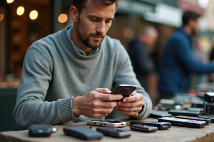 Homme examinant un ancien Sony Ericsson sur un marché aux puces, guide d'achat téléphone vintage