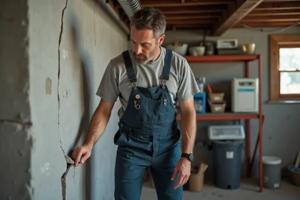 Hommes en travaux inspectant une fissure dans un sous-sol