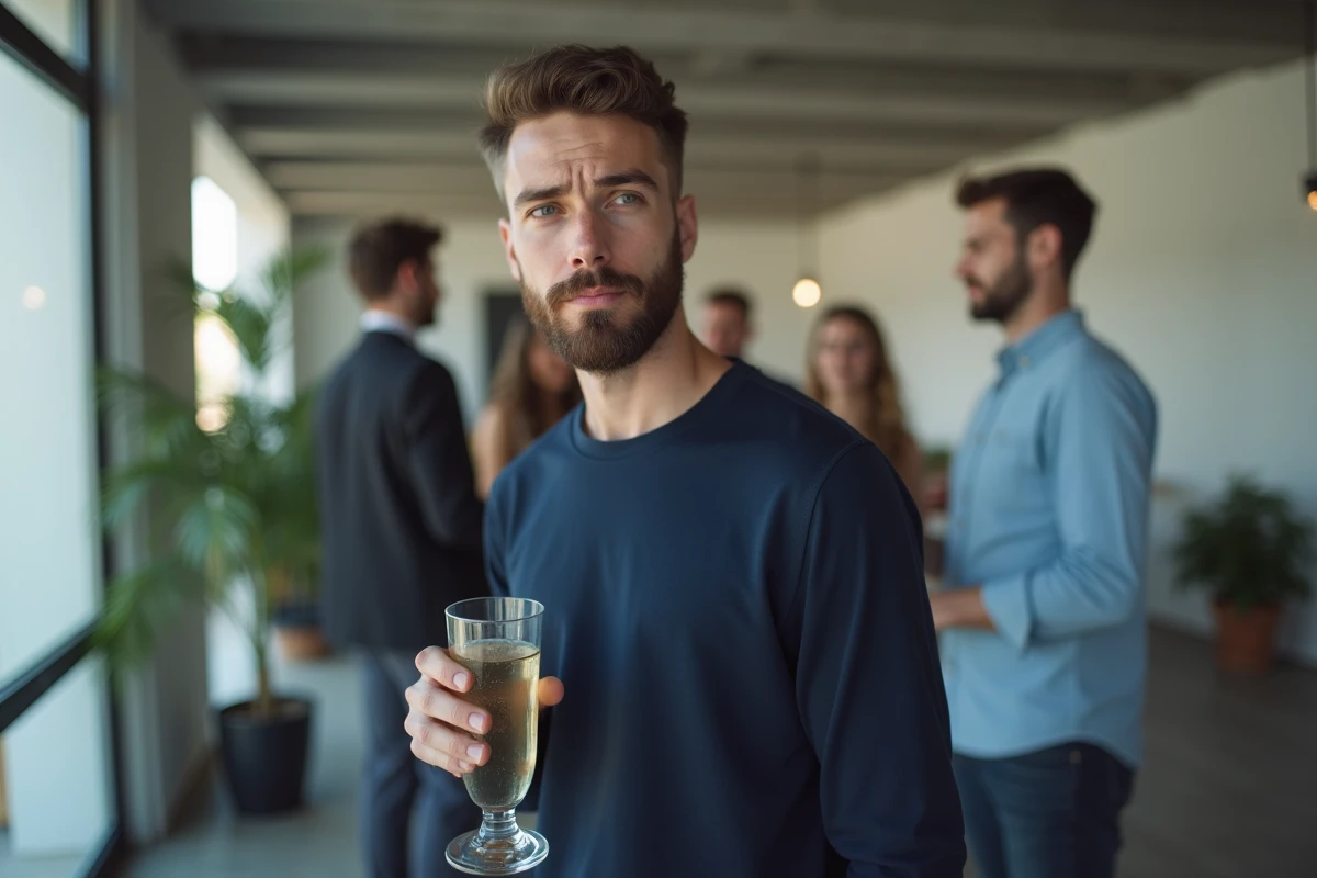 Homme introverti au sourire ironique lors d'une soirée sociale illustrant l'humour noir discret