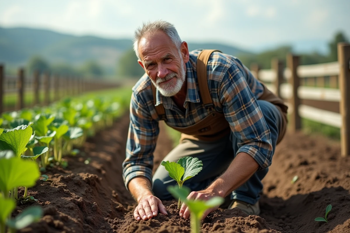 Homme âgé inspectant de jeunes plants dans un potager