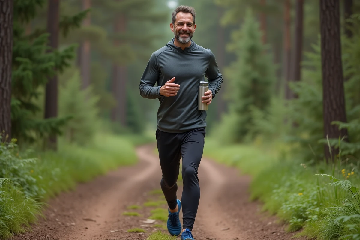Homme en jogging courant en forêt avec un sourire