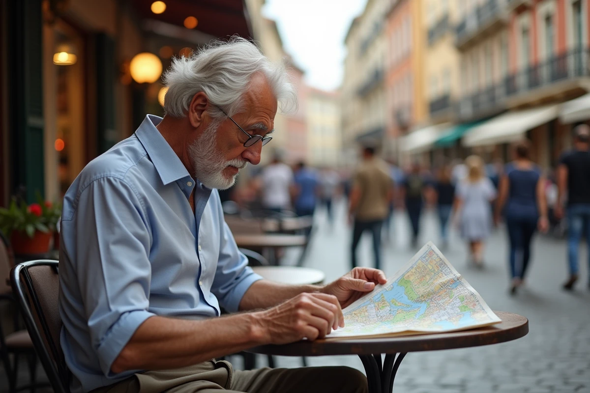 Homme âgé lisant une carte en terrasse de café urbain