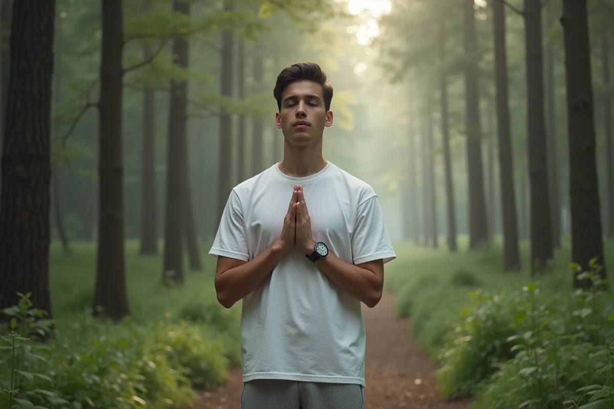 Homme pratiquant la respiration en forêt au matin
