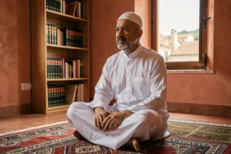Homme musulman en prière sur un tapis de prière dans un intérieur méditerranéen, illustrant les horaires de salat à Toulon