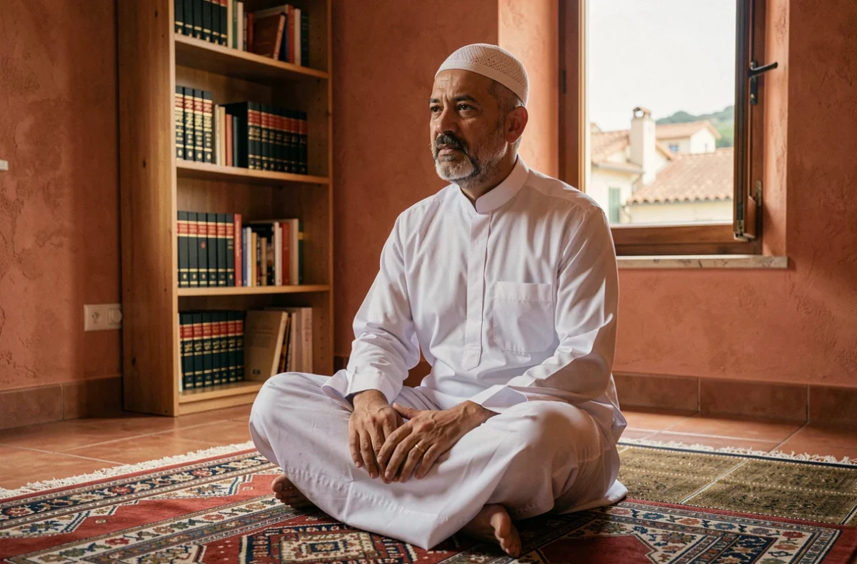 Homme musulman en prière sur un tapis de prière dans un intérieur méditerranéen, illustrant les horaires de salat à Toulon