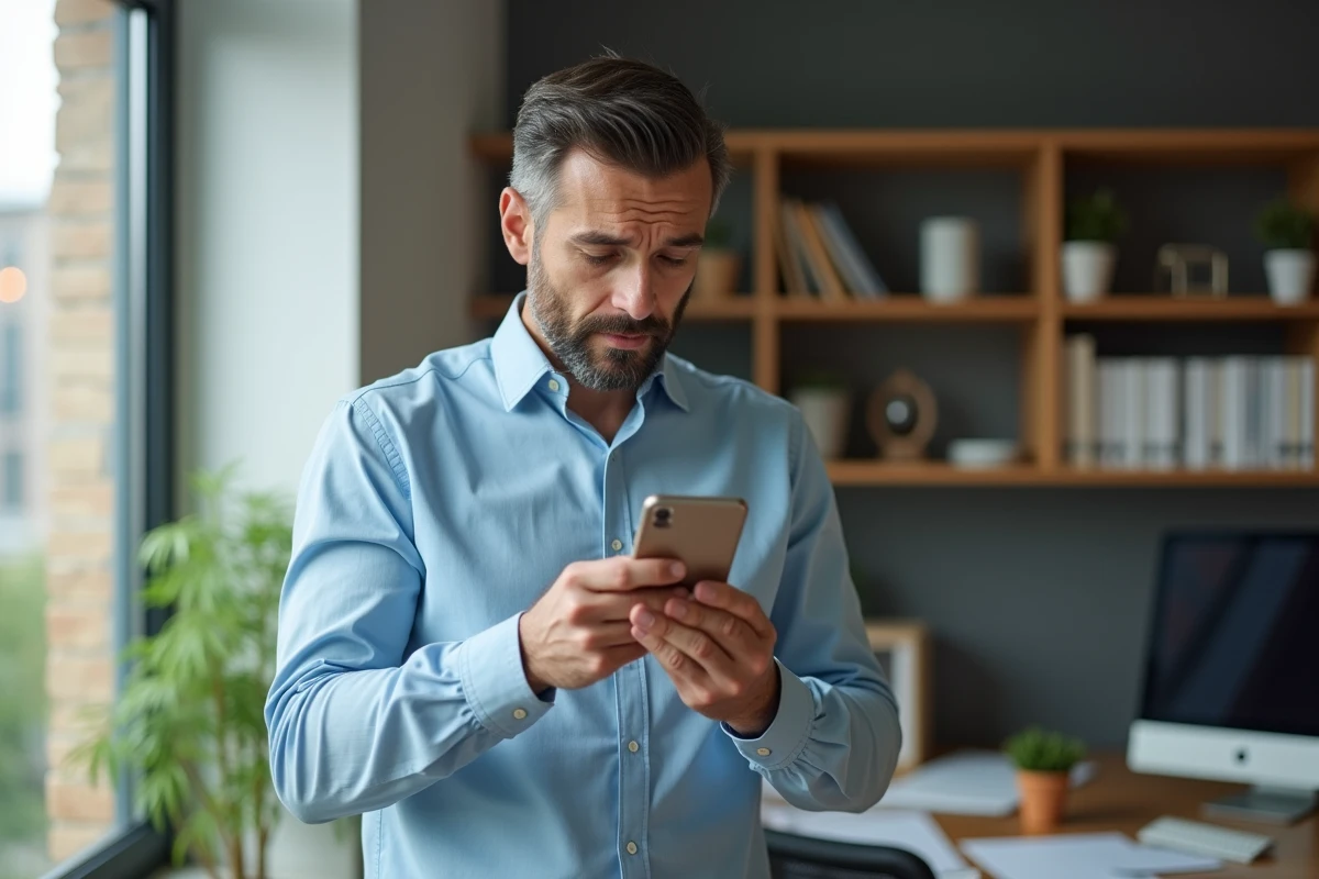 Homme consultant un numéro inconnu 0424 sur son smartphone dans un bureau à domicile